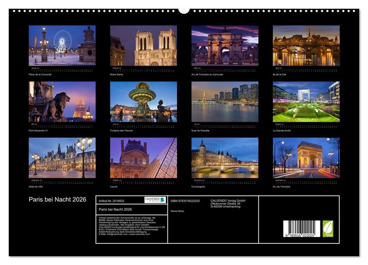 Produktbild: Paris bei Nacht 2026 (hochwertiger Premium Wandkalender 2026 DIN A2 quer), Kunstdruck in Hochglanz