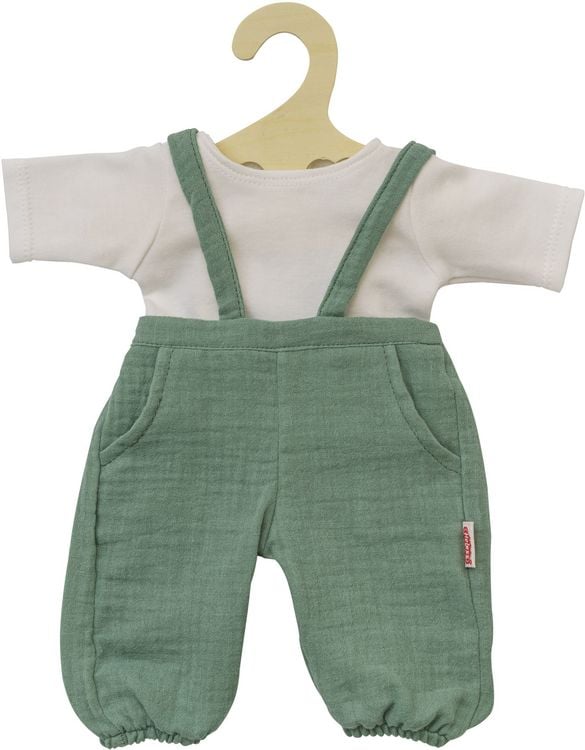 Produktbild: Puppen-Latzhose aus 100 % Bio-Baumwolle, salbeigr&uuml;n, mit wei&szlig;em T-Shirt, 2-teili