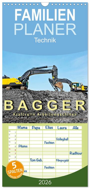 Produktbild: Familienplaner 2026 - Bagger - kraftvolle Arbeitsmaschinen mit 5 Spalten (Wandkalender, 21 x 45 cm) CALVENDO