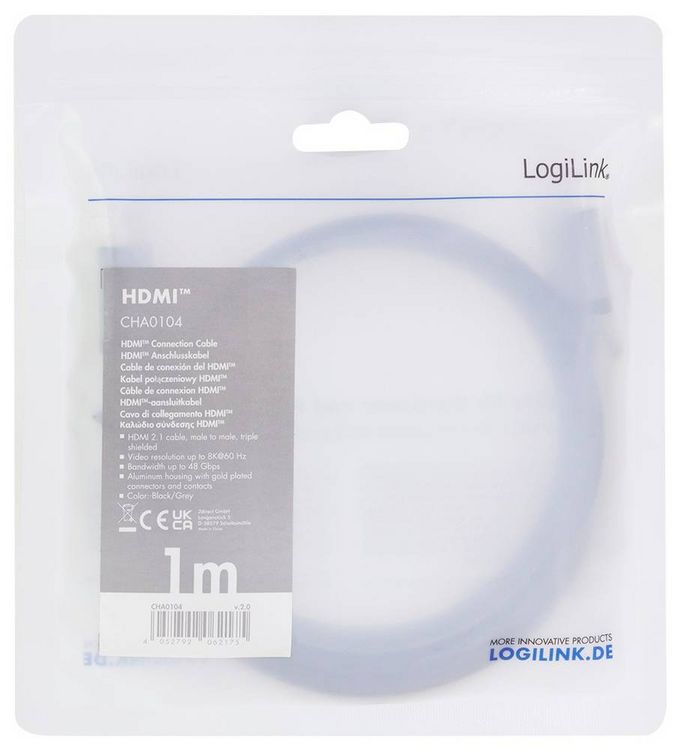 Produktbild: LogiLink HDMI AV Anschlusskabel [1x HDMI-Stecker - 1x HDMI-Stecker] 1m Schwarz-Grau
