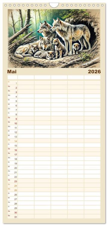 Produktbild: Familienplaner 2026 - Die Eleganz der W&ouml;lfe - Mythische Begegnungen in der Natur mit 5 Spalten (Wandkalender, 21 x 45 cm) CALVENDO