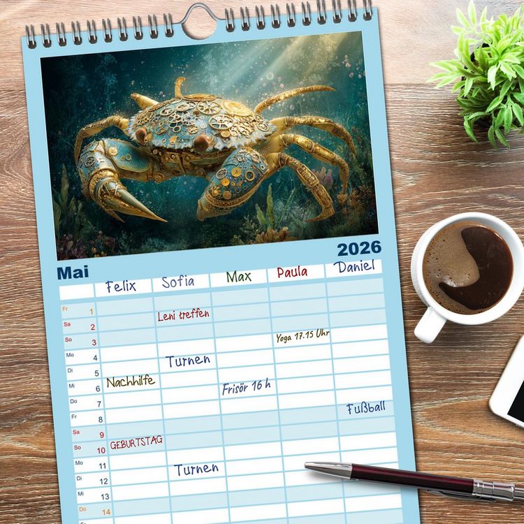 Produktbild: Familienplaner 2026 - Aqua Mechanica &ndash; Steampunk unter dem Meer mit 5 Spalten (Wandkalender, 21 x 45 cm) CALVENDO