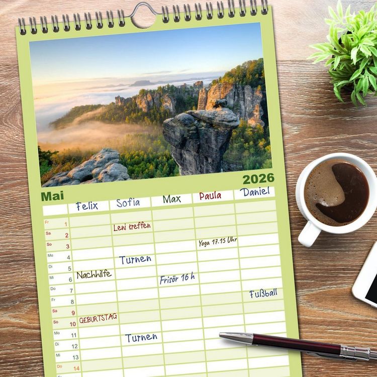 Produktbild: Familienplaner 2026 - Wundersch&ouml;nes Elbsandsteingebirge mit 5 Spalten (Wandkalender, 21 x 45 cm) CALVENDO