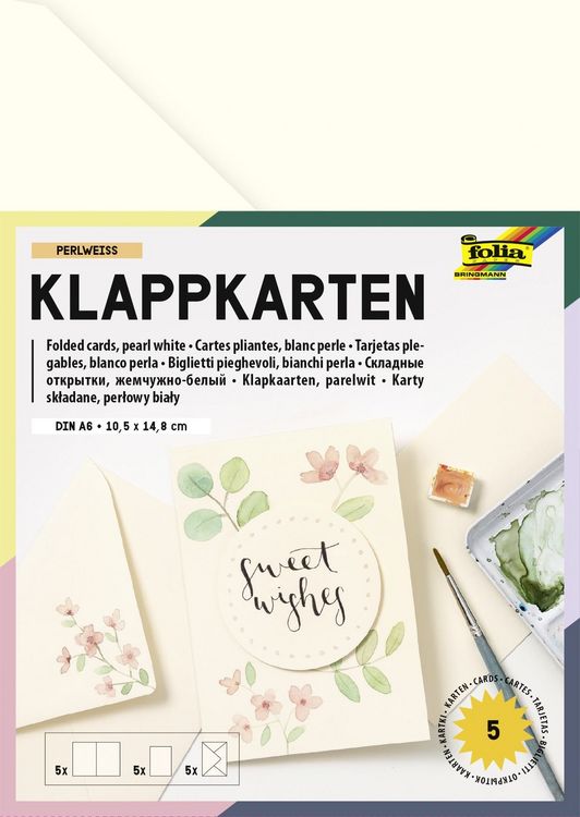 Produktbild: Folia Klappkarten/Doppelkarten f&uuml;r Einladungen, Gl&uuml;ckwunsch- oder Gru&szlig;karten, 10,5x15cm, perlweiss, 5 Karten + Kuverts + Einlagen