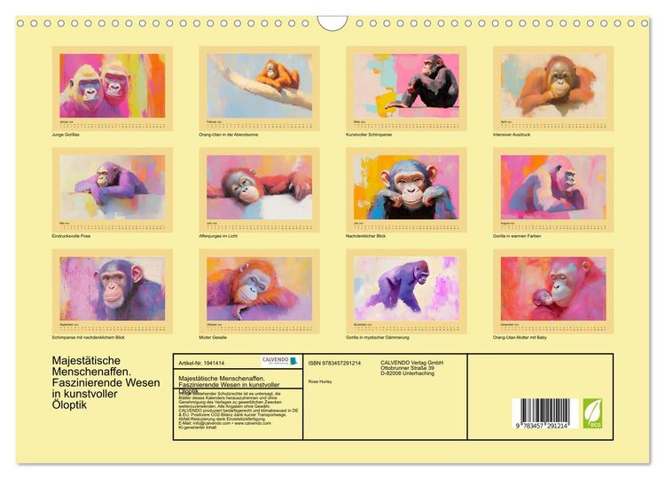 Produktbild: Majest&auml;tische Menschenaffen. Faszinierende Wesen in kunstvoller &Ouml;loptik (Wandkalender 2026 DIN A3 quer), CALVENDO Monatskalender