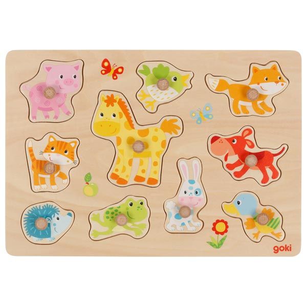 Produktbild: Goki 57393 - Steckpuzzle Tierkinder, 10-teilig, Holz, 30x21cm