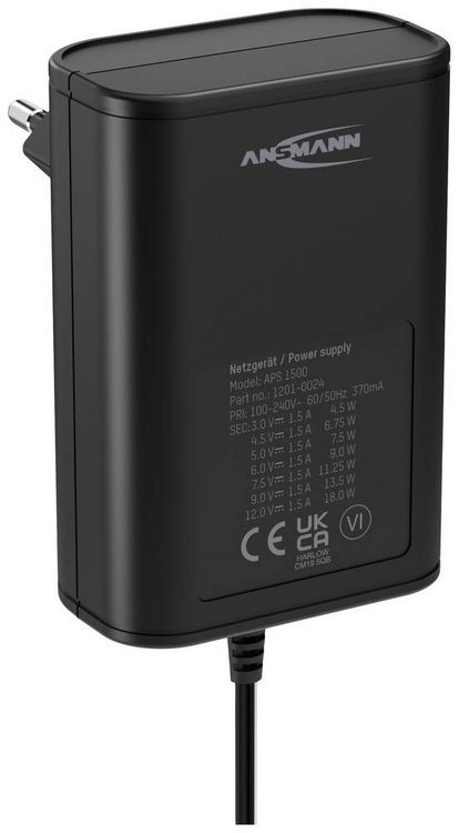 Produktbild: Ansmann 1201-0024 Steckernetzteil, einstellbar 12 V/DC, 9 V/DC, 7.5 V/DC, 6 V, 4.5 V/DC, 3 V 1500 mA 18 W