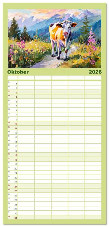 Produktbild: Familienplaner 2026 - Almseelen im Licht der Berge. Charmante K&uuml;he in kunstvoller &Ouml;loptik mit 5 Spalten (Wandkalender, 21 x 45 cm) CALVENDO