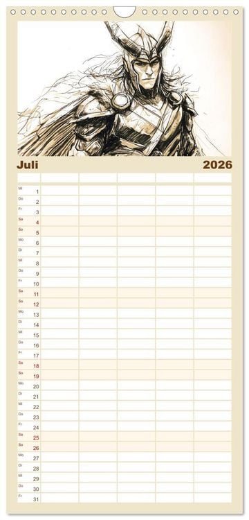 Produktbild: Familienplaner 2026 - G&ouml;tter der Wikinger - Skizzen zur Welt der Nordischen Mythologie mit 5 Spalten (Wandkalender, 21 x 45 cm) CALVENDO
