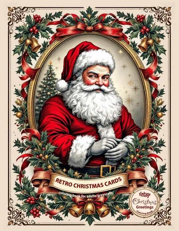 Produktbild: Retro christmas cards coloring book for adults grayscale. Vintage christmas greetings coloring book