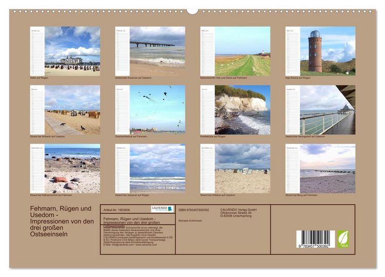 Produktbild: Fehmarn, R&uuml;gen und Usedom - Impressionen von den drei gro&szlig;en Ostseeinseln (hochwertiger Premium Wandkalender 2026 DIN A2 quer), Kunstdruck in Hochglanz