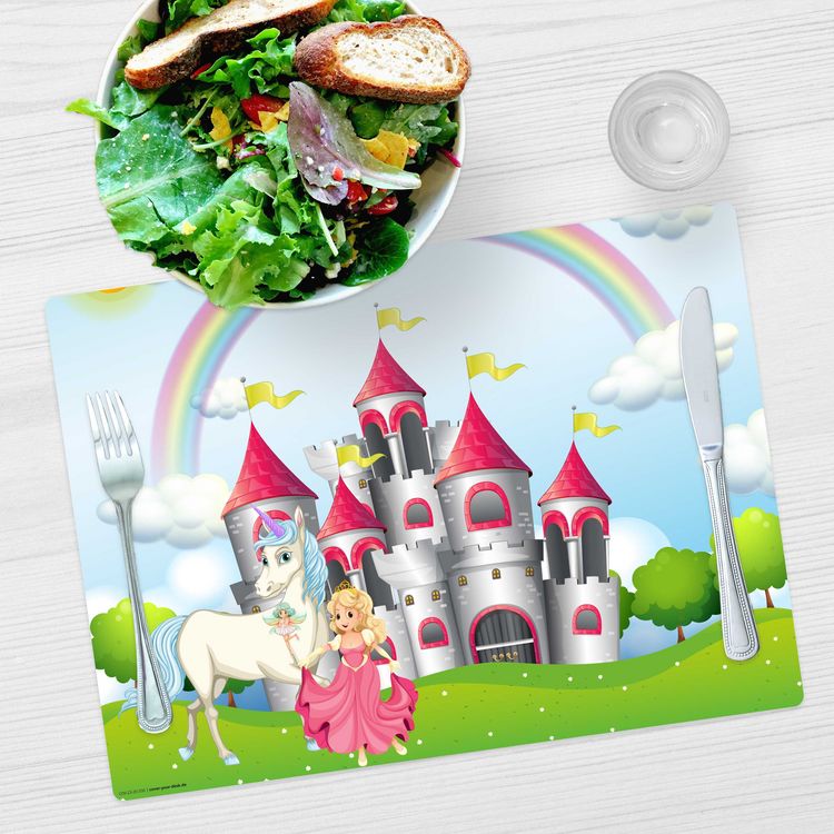 Produktbild: Tischsetmacher Tischset f&uuml;r Kinder M&auml;rchenschloss mit Einhorn und Prinzessin, aus hochwertigem Vinyl , 44 x 32 cm