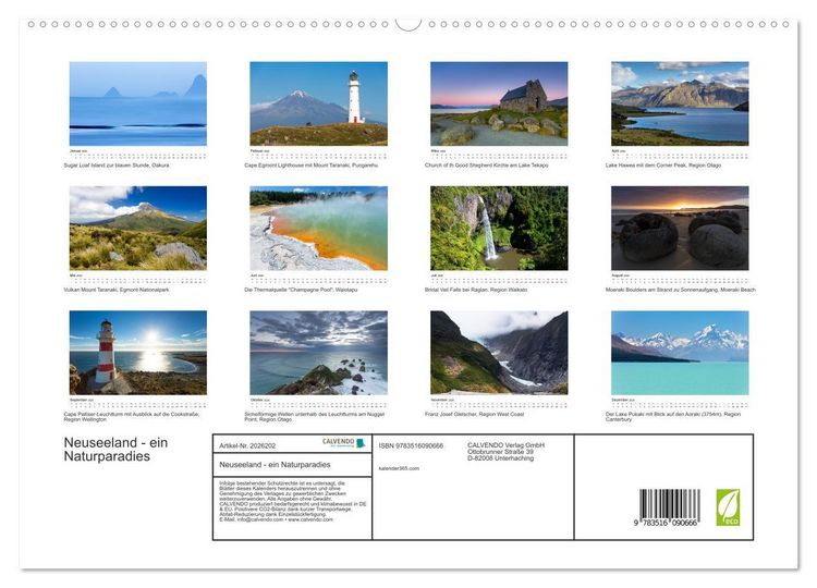 Produktbild: Neuseeland - ein Naturparadies (hochwertiger Premium Wandkalender 2026 DIN A2 quer), Kunstdruck in Hochglanz