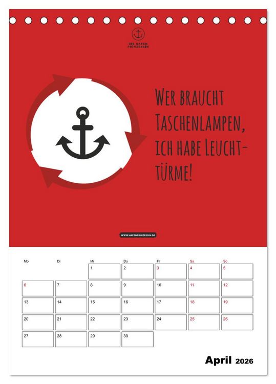 Produktbild: hafenprinzessin: Ankertr&auml;ume & Meer - Der moderne Zitate-Wandkalender f&uuml;r maritime Lebensmomente! (Tischkalender 2026 DIN A5 hoch), CALVENDO Monatskalender