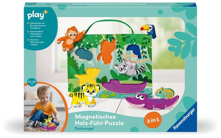 Produktbild: Play+ Magnetisches Holz-Fühl-Puzzle: Dschungel - ab 12 Monate