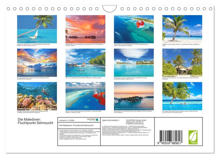 Produktbild: Die Malediven: Fluchtpunkt Sehnsucht (Wandkalender 2026 DIN A4 quer), CALVENDO Monatskalender