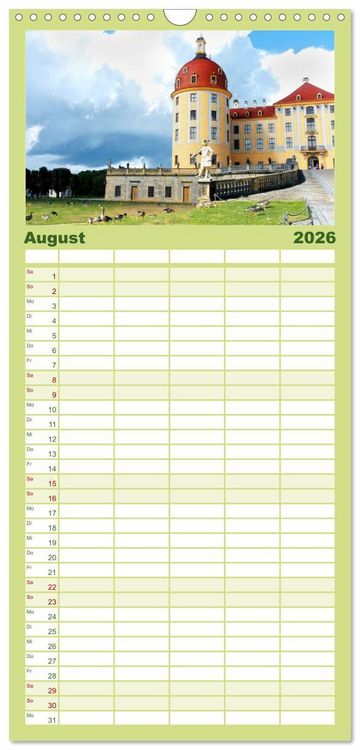 Produktbild: Familienplaner 2026 - Moritzburg, Weesenstein, Muskau - Drei sch&ouml;ne s&auml;chsische Schl&ouml;sser mit 5 Spalten (Wandkalender, 21 x 45 cm) CALVENDO
