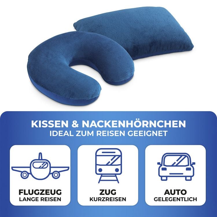 Produktbild: Reisekissen mit Nackenst&uuml;tze, komfortables 2-in-1 Reise-Kopfkissen mit st&uuml;tzendem Nackenh&ouml;rnchen