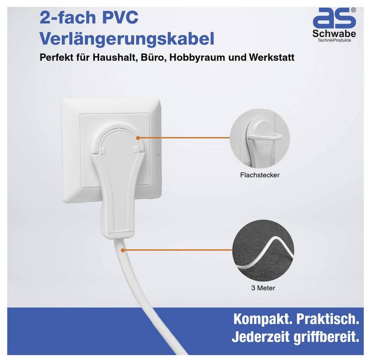 Produktbild: AS Schwabe 51025 Strom Verl&auml;ngerungskabel Wei&szlig; 3m
