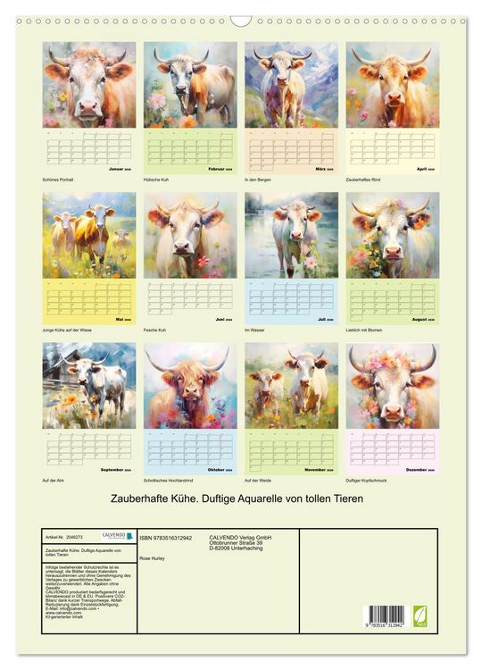 Produktbild: Zauberhafte K&uuml;he. Duftige Aquarelle von tollen Tieren (Wandkalender 2026 DIN A2 hoch), CALVENDO Monatskalender