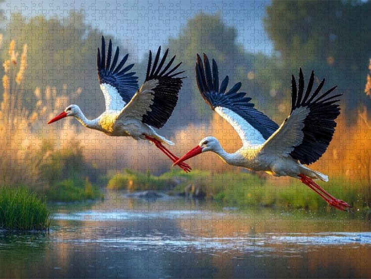 Produktbild: CALVENDO Puzzle Zwei St&ouml;rche ziehen elegant ihre Kreise &uuml;ber dem glitzernden See | 1000 Teile Lege-Gr&ouml;&szlig;e 64x48cm Foto-Puzzle f&uuml;r gl&uuml;ckliche Stunden