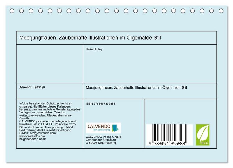 Produktbild: Meerjungfrauen. Zauberhafte Illustrationen im &Ouml;lgem&auml;lde-Stil (Tischkalender 2026 DIN A5 quer), CALVENDO Monatskalender