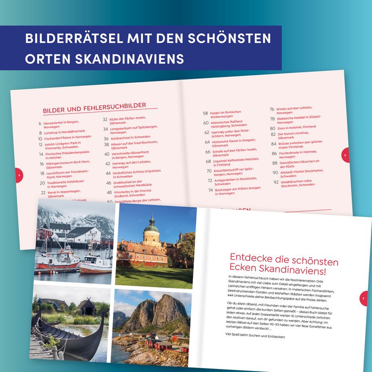 Produktbild: In 444 Fehlern um die Welt &ndash; Skandinavien. Finde die Unterschiede in den sch&ouml;nsten Motiven Skandinaviens