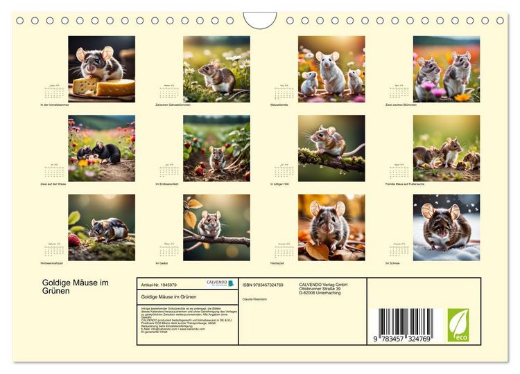 Produktbild: Goldige M&auml;use im Gr&uuml;nen (Wandkalender 2026 DIN A4 quer), CALVENDO Monatskalender