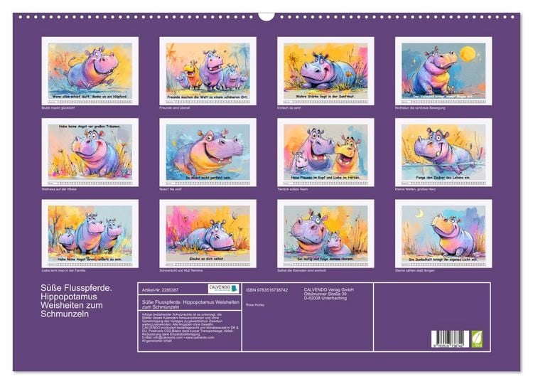 Produktbild: S&uuml;&szlig;e Flusspferde. Hippopotamus Weisheiten zum Schmunzeln (Wandkalender 2026 DIN A2 quer), CALVENDO Monatskalender