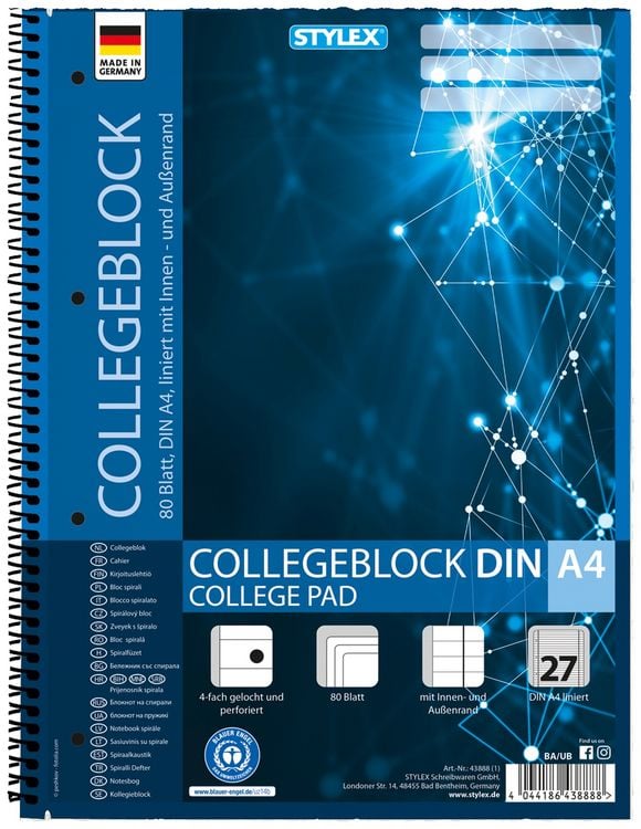Produktbild: Stylex Collegeblock, Spirale, Lineatur 27, DIN A4, 80 Blatt, liniert