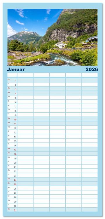 Produktbild: Familienplaner 2026 - Fjorde & Felsen &ndash; Norwegens wilde Seele mit 5 Spalten (Wandkalender, 21 x 45 cm) CALVENDO