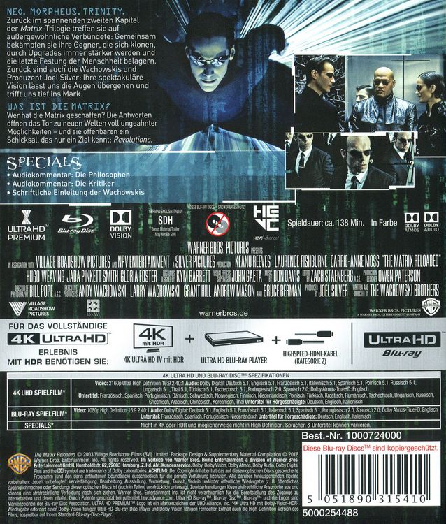 Produktbild: Matrix Reloaded (4K Ultra HD) (+ Blu-ray 2D) (+ Bonus-Blu-ray)
