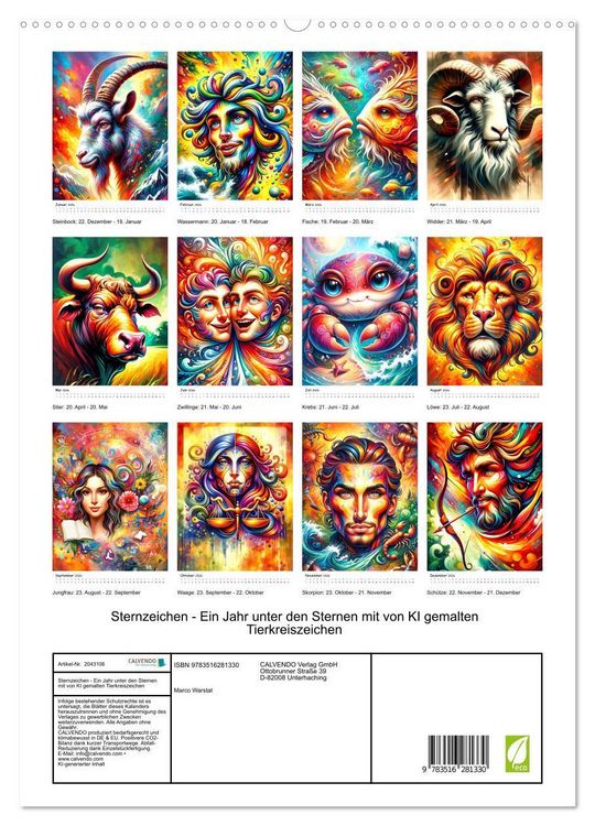 Produktbild: Sternzeichen - Ein Jahr unter den Sternen mit von KI gemalten Tierkreiszeichen (hochwertiger Premium Wandkalender 2026 DIN A2 hoch), Kunstdruck in Hochglanz
