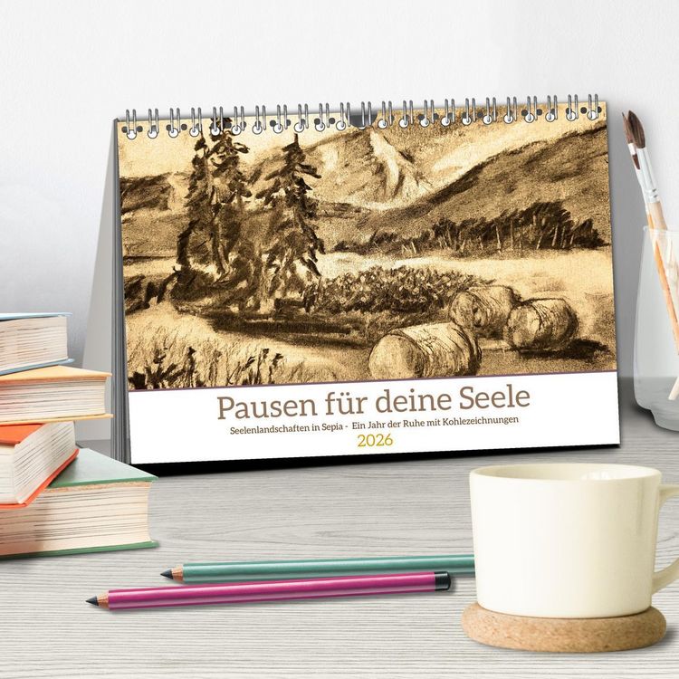 Produktbild: Pausen f&uuml;r deine Seele - Seelenlandschaften in Sepia - Ein Jahr der Ruhe mit Kohlezeichnungen (Tischkalender 2026 DIN A5 quer), CALVENDO Monatskalender