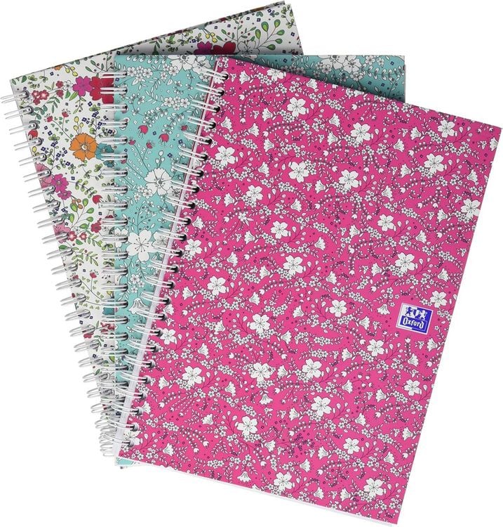 Produktbild: Oxford GO Floral Spiralbuch A5, kariert 5x5 mm, Softcover mit Soft Touch Finish, wei&szlig;e Doppelspirale, 60 Blatt, Optik Paper, SCRIBZEE-kompatibel, 1 St&uuml;ck sortiert