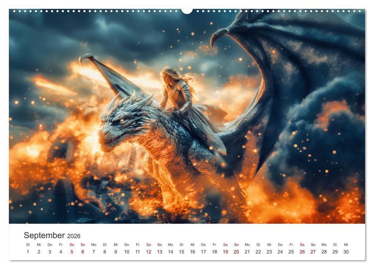 Produktbild: Kraft und Magie - Die Welt der Drachenkriegerinnen (hochwertiger Premium Wandkalender 2026 DIN A2 quer), Kunstdruck in Hochglanz