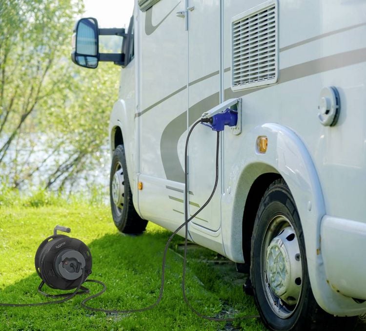 Produktbild: Sygonix SY-6684366 Kabeltrommel 25m Schwarz CEE-Cara-Stecker