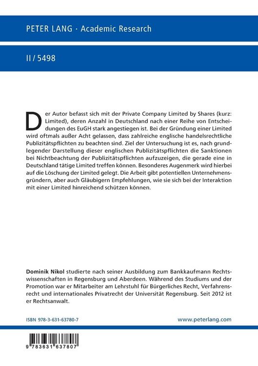 Produktbild: Die Auswirkungen der Nichtbeachtung englischer handelsrechtlicher Publizit&auml;tspflichten auf eine Private Company Limited by Shares mit Verwaltungssitz in Deutschland
