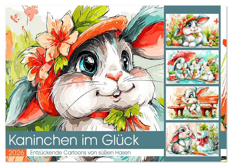 Produktbild: Kaninchen im Gl&uuml;ck. Entz&uuml;ckende Cartoons von s&uuml;&szlig;en Hasen (Wandkalender 2026 DIN A4 quer), CALVENDO Monatskalender