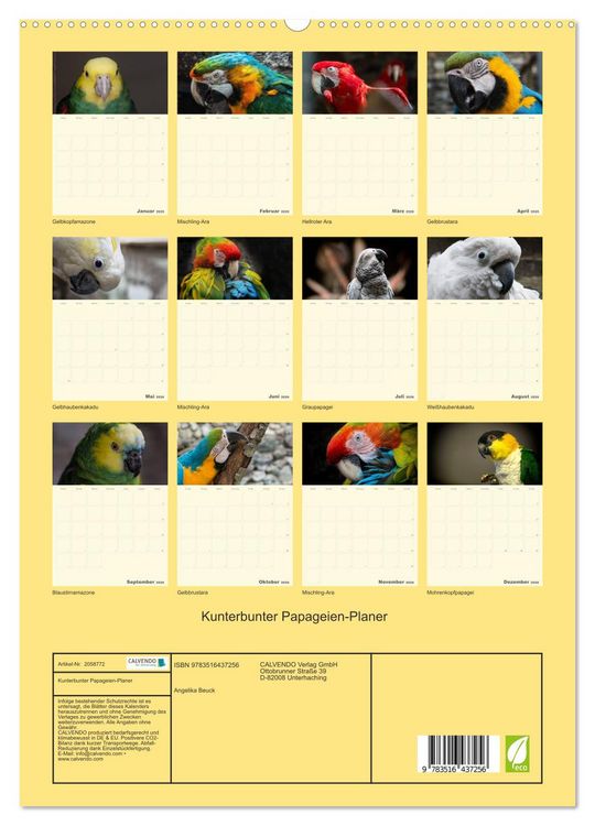 Produktbild: Kunterbunter Papageien-Planer (hochwertiger Premium Wandkalender 2026 DIN A2 hoch), Kunstdruck in Hochglanz