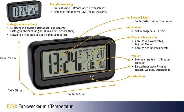 Produktbild: TFA Dostmann 60.2554.01 Funk Wecker Schwarz Alarmzeiten 2 Gro&szlig;es Display