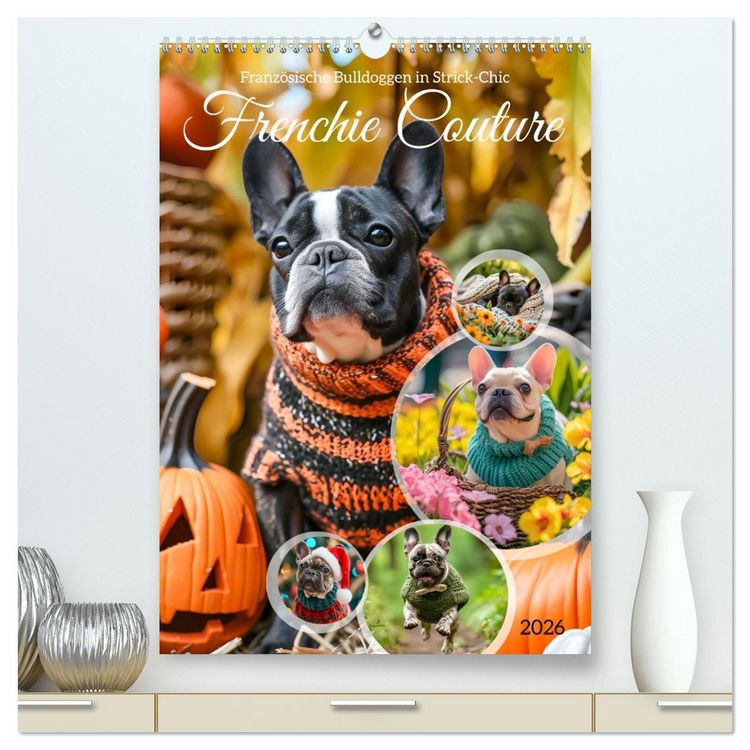 Produktbild: Frenchie Couture - Franz&ouml;sische Bulldoggen in Strick-Chic (hochwertiger Premium Wandkalender 2026 DIN A2 hoch), Kunstdruck in Hochglanz