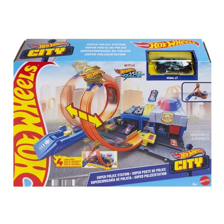 Produktbild: Hot Wheels City Super Polizeiwache-Spielset mit Spielzeug-Polizeiwagen im Maßstab 1:64 und anpassbarer Rennbahn mit Looping.