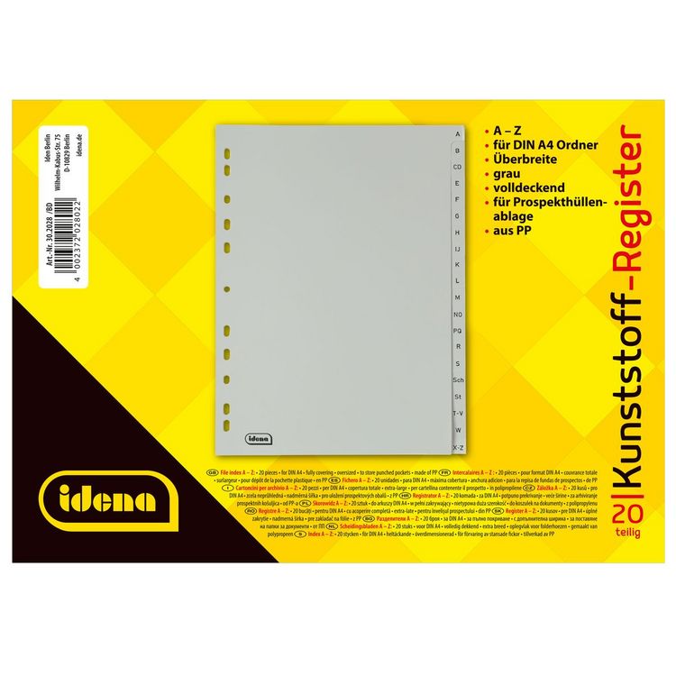 Produktbild: Idena Register aus Kunststoff A bis Z 20-teilig &uuml;berbreit 120&micro; grau DIN A4