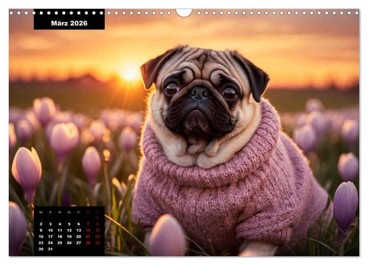 Produktbild: Mopszauber - S&uuml;&szlig;e M&ouml;pse begleiten durchs Jahr (Wandkalender 2026 DIN A3 quer), CALVENDO Monatskalender