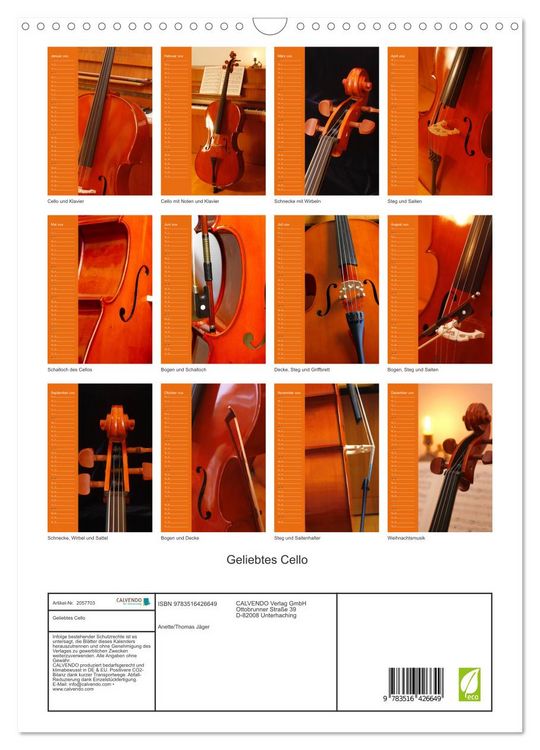 Produktbild: Geliebtes Cello (Wandkalender 2026 DIN A3 hoch), CALVENDO Monatskalender