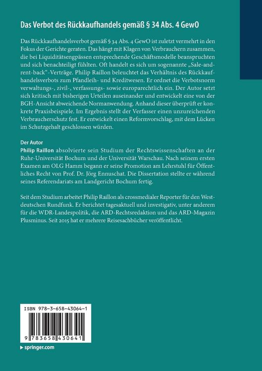 Produktbild: Das Verbot des R&uuml;ckkaufhandels gem&auml;&szlig; &sect; 34 Abs. 4 GewO