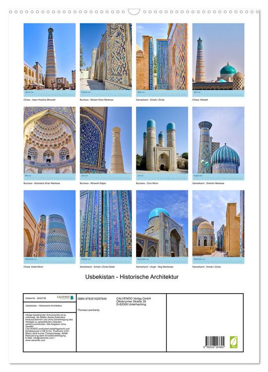 Produktbild: Usbekistan - Historische Architektur (Wandkalender 2026 DIN A2 hoch), CALVENDO Monatskalender