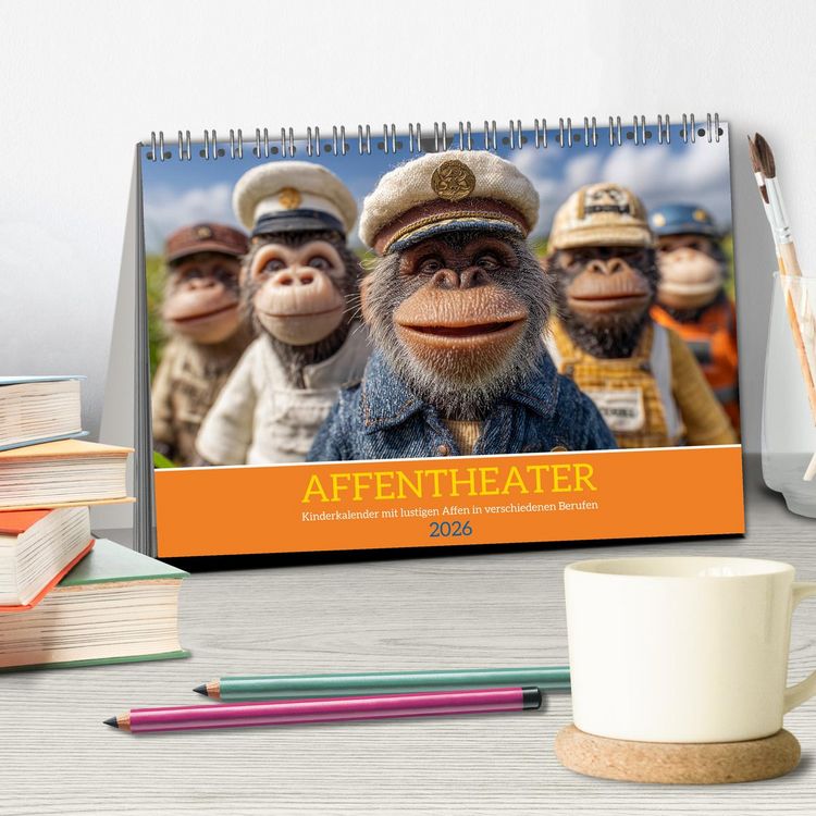 Produktbild: Affentheater - Kinderkalender mit lustigen Affen in verschiedenen Berufen (Tischkalender 2026 DIN A5 quer), CALVENDO Monatskalender