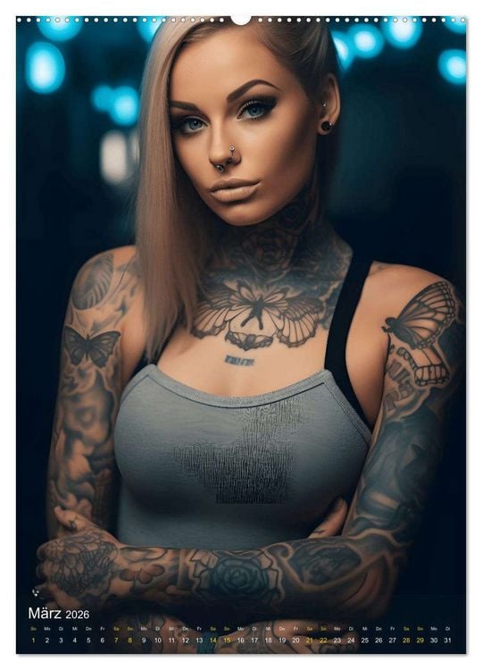 Produktbild: Tattoo Sch&ouml;nheiten - zw&ouml;lf Monate, zw&ouml;lf Frauen und jede Menge Tattoos (hochwertiger Premium Wandkalender 2026 DIN A2 hoch), Kunstdruck in Hochglanz